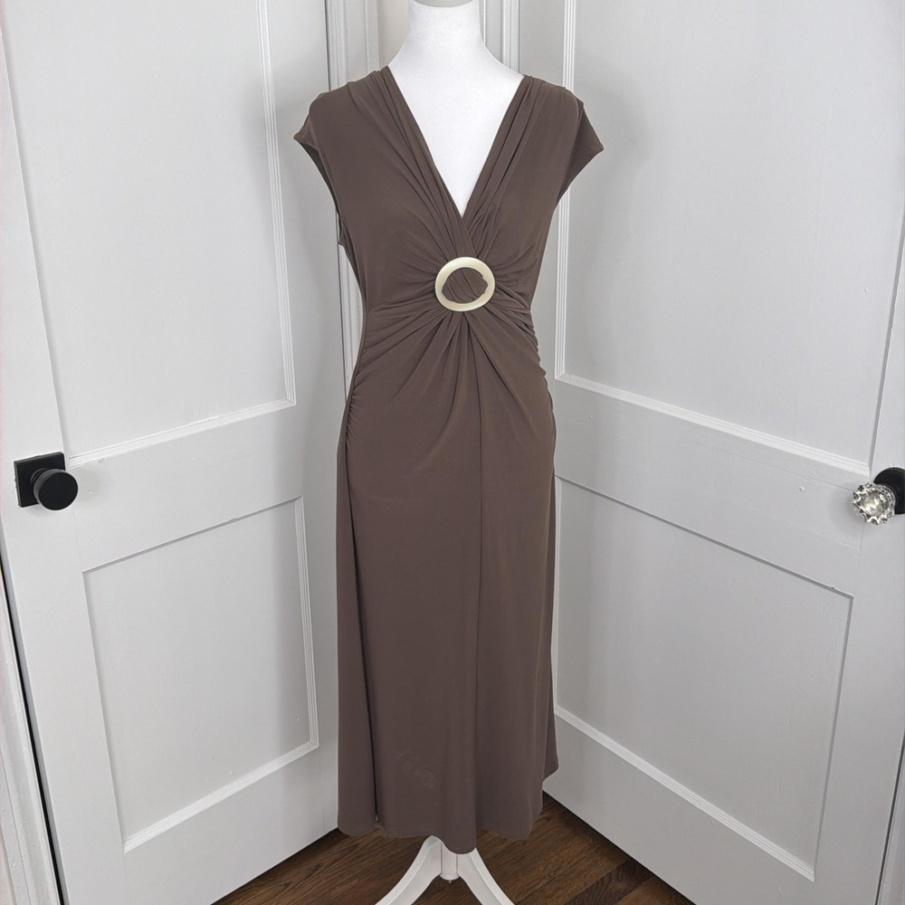 Joseph Ribkoff Dress Womens 10 Brown Ruched Midi V-Neck Short Sleeve Career